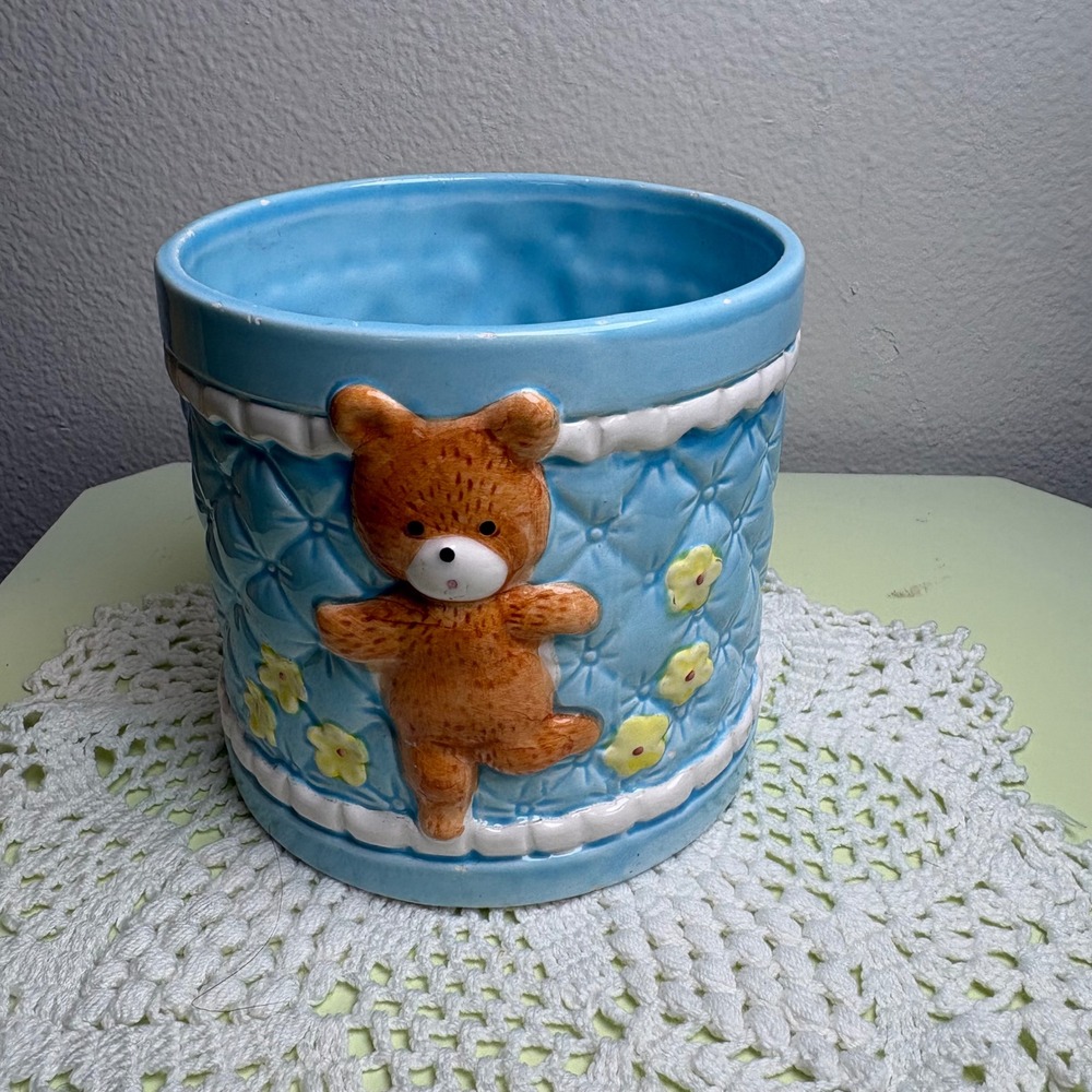 Vintage Blue Teddy Bear Planter Pot Nursery Decor Kitsch Ceramic